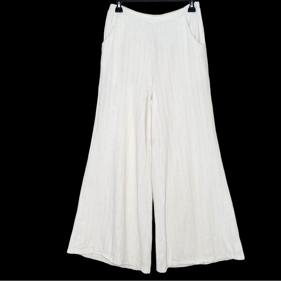 Porridge Linen Blend Wide Leg Palazzo Pants Cream Silver Pinstripes Women's S - Picture 1 of 9